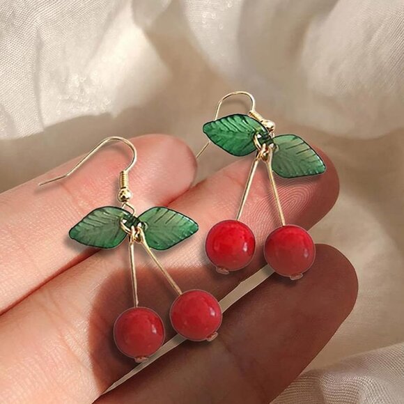 LAST CHANCE - Sweet Red Cherry Charm with Green Leaves Dangle Earrings (Pair) - Picture 2 of 2